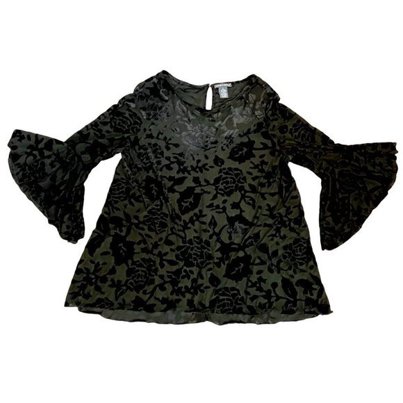 Chelsea & Theodore Black Floral Burnout Velvet Bell Sleeve Blouse L Goth Witchy - Picture 1 of 14